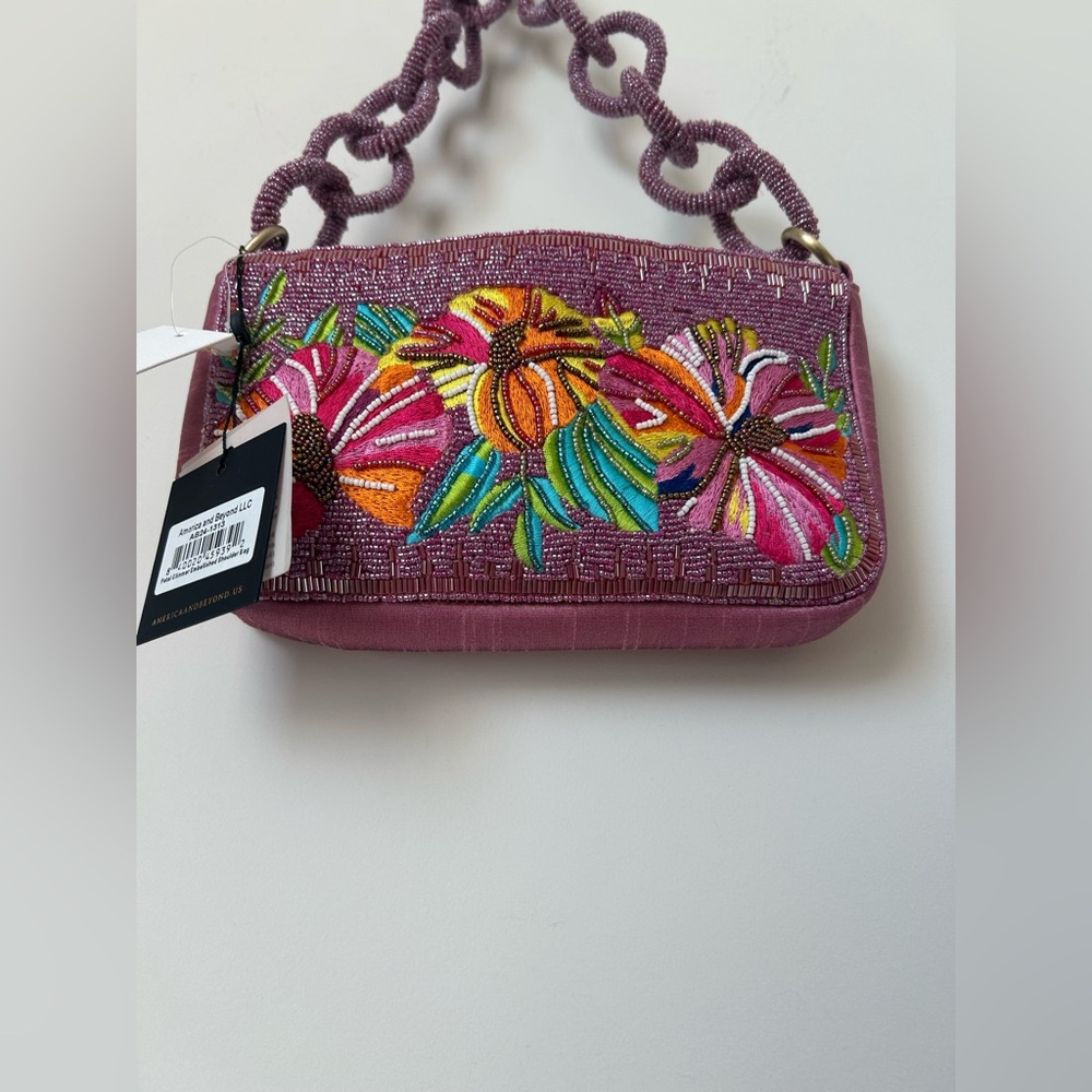 Viral Beaded purple hibiscus Embroidered Bag with Beaded Chain Strap - Picture 3 of 5
